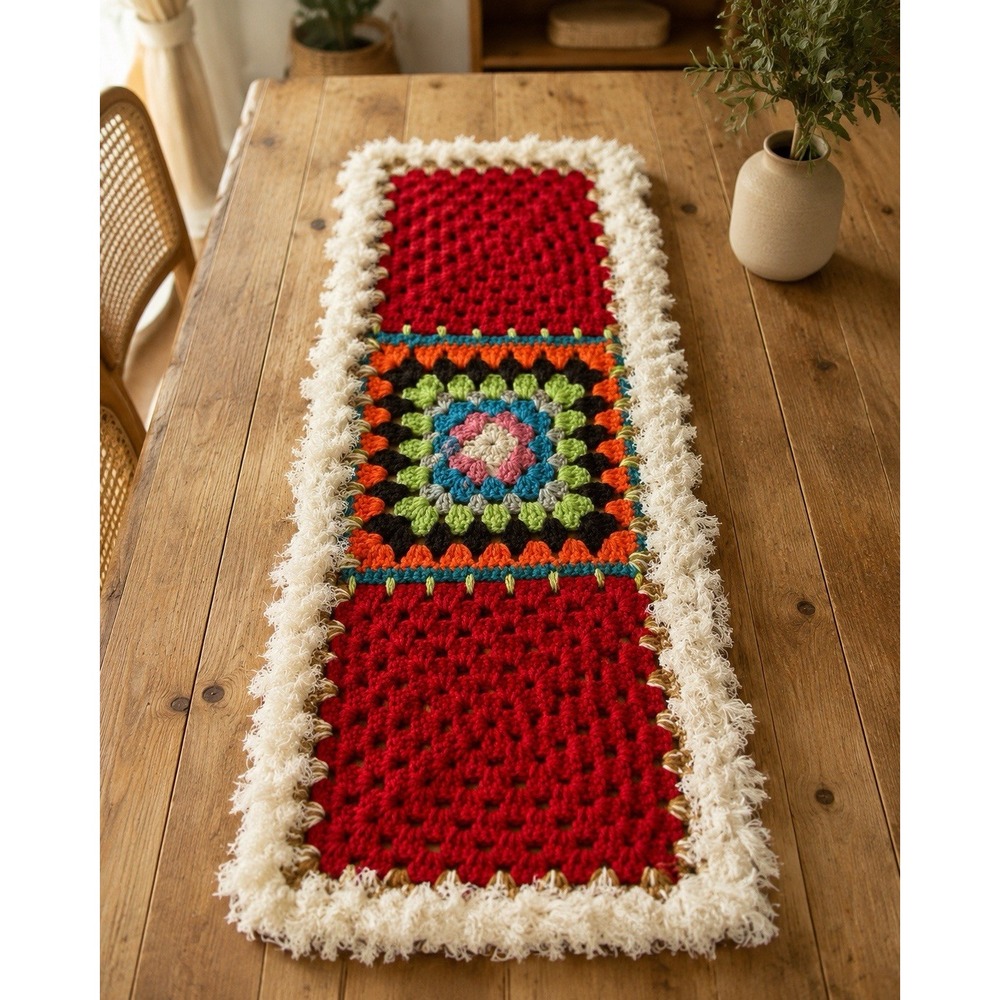 Handmade Crochet Knit Granny Square Red Cream Table Runner Textile 26X10"